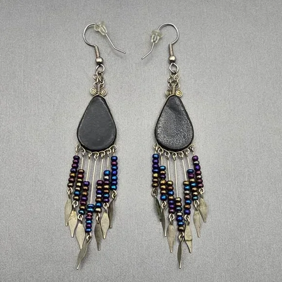 VTG Purple Southwestern Dangle Drop Earrings Beaded Fringe Tribal Pattern Design - Picture 5 of 7